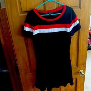 Very comfortable dress. Black dress with red and white on it.